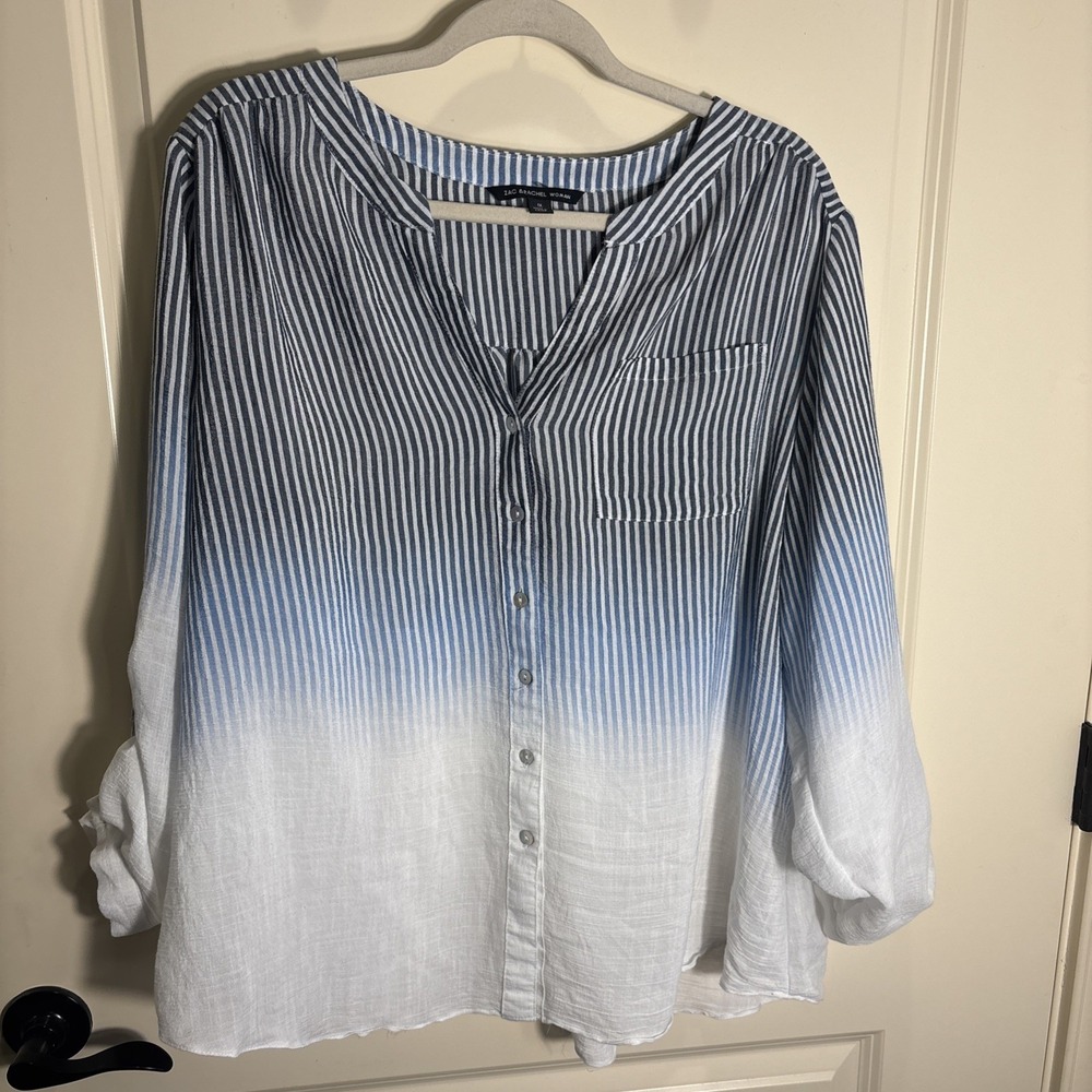 Zac & Rachel Woman Button Up Top Size 1X Ombre Blue Roll Tab Sleeve Boho Coastal